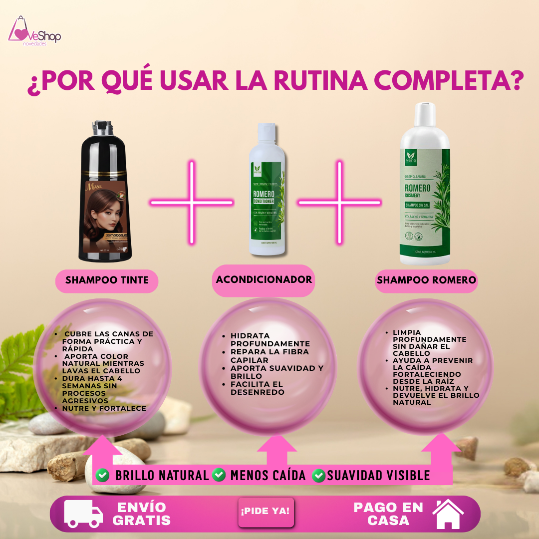 TRÍO CAPILAR COMPLETO (SHAMPOO TINTE + SHAMPOO ROMERO + ACONDICIONADOR DE ROMERO)