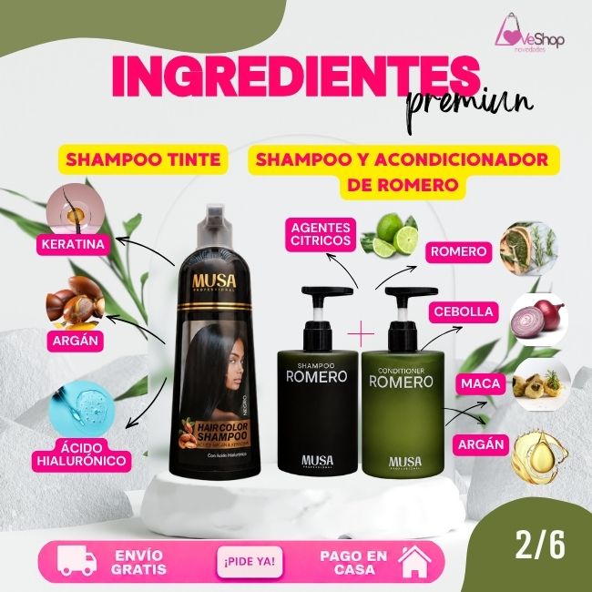 TRIO ANTICANAS+ANTICAÍIDA+ANTICASPA (SHAMPOO TINTE 400 ML + SHAMPOO ROMERO 500 ML + ACONDICIONADOR 500 ML)