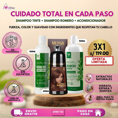 TRÍO CAPILAR COMPLETO (SHAMPOO TINTE + SHAMPOO ROMERO + ACONDICIONADOR DE ROMERO)