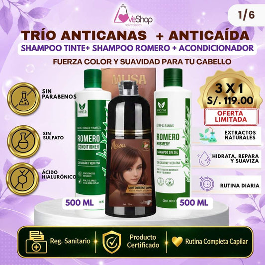 TRÍO CAPILAR COMPLETO (SHAMPOO TINTE + SHAMPOO ROMERO + ACONDICIONADOR DE ROMERO)