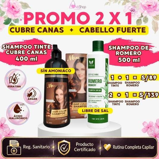 PROMO 2 X 1 (SHAMPOO TINTE CUBRE CANAS + SHAMPOO DE ROMERO)